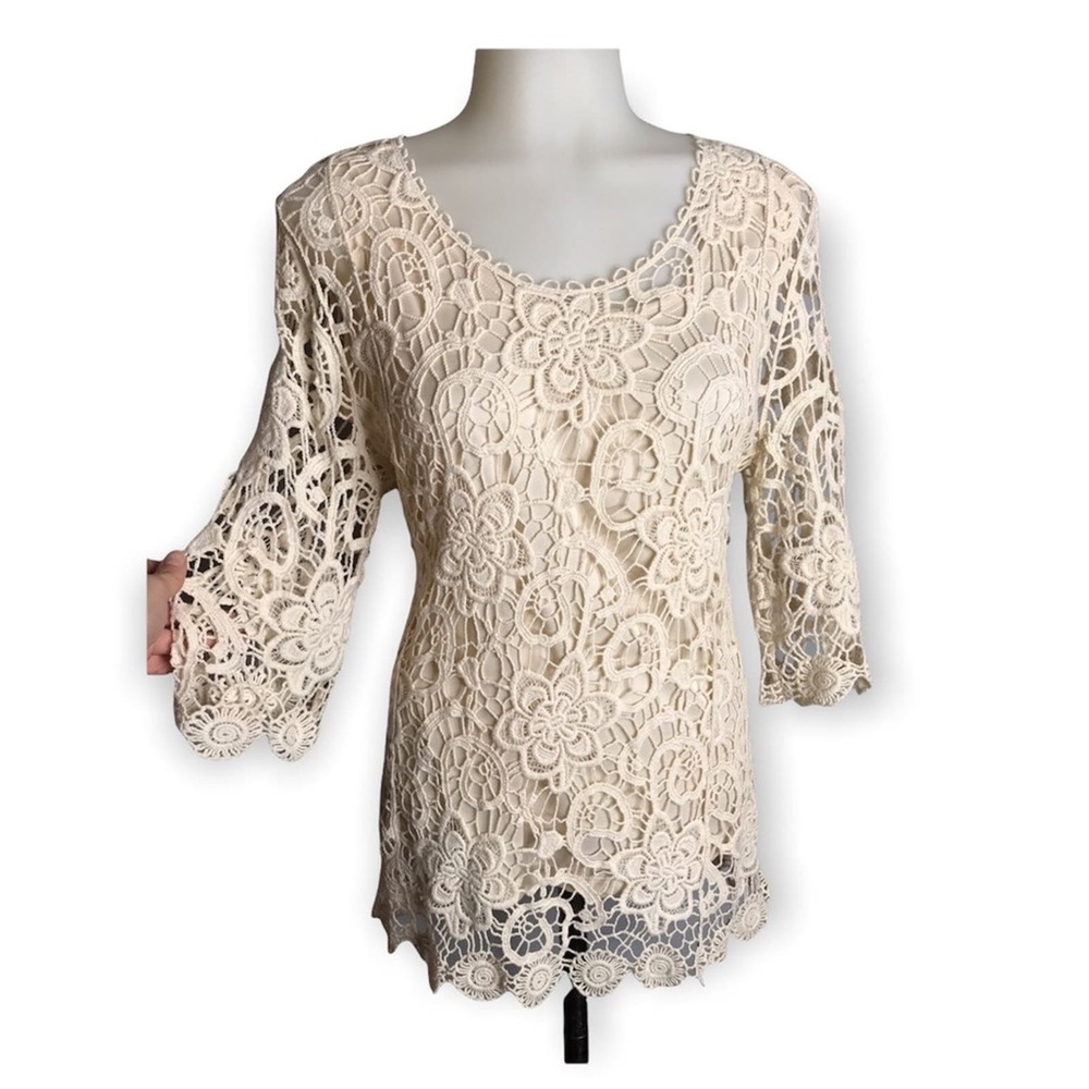 Christopher & Banks | Cream Crochet Blouse 2 Shir… - image 2